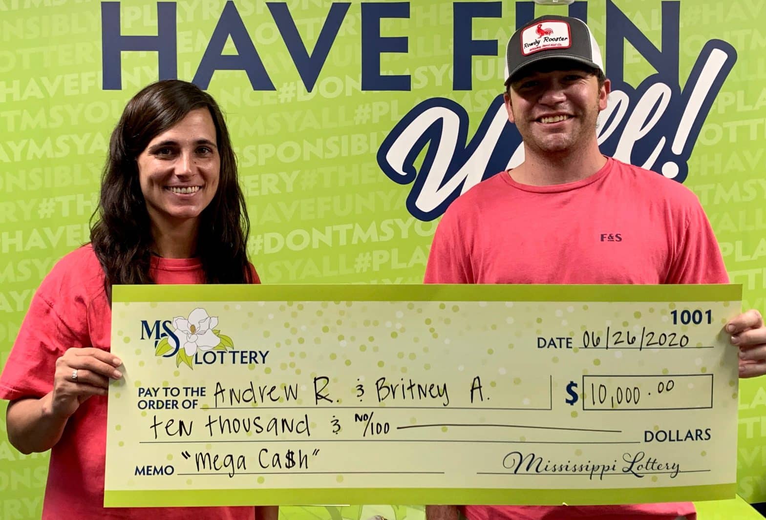 Britney A. & Andrew R. of Carthage won $10,000 on a Mega Ca$h scratch-off game purchased from Whit's Kwik Foods on HWY 12 W., Kosciusko.
