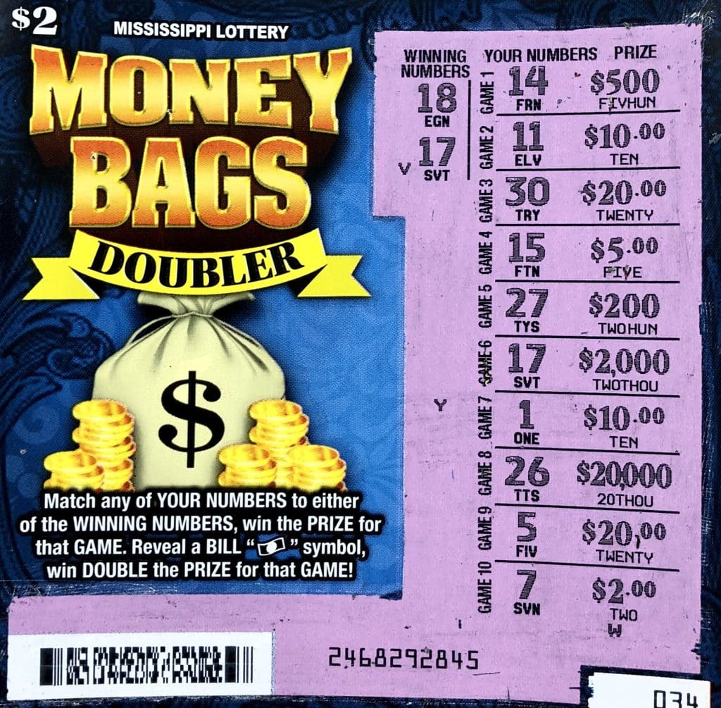 A Hattiesburg player won $2,000 on a Money Bags Doubler scratch-off game purchased from Sunny's Express Mart on Old Highway 42, Hattiesburg.