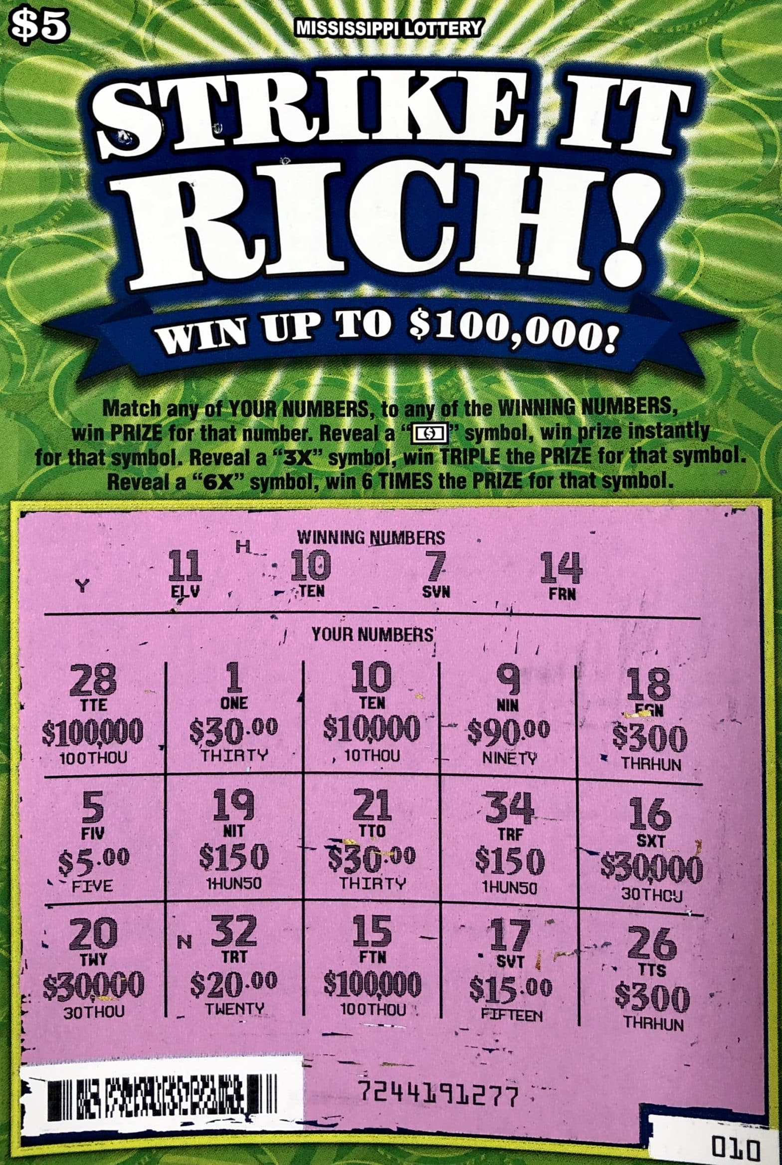 A Brandon woman won $10,000 on a Strike it Rich scratch-off game purchased from Brandon Chevron on W. Government St., Brandon.