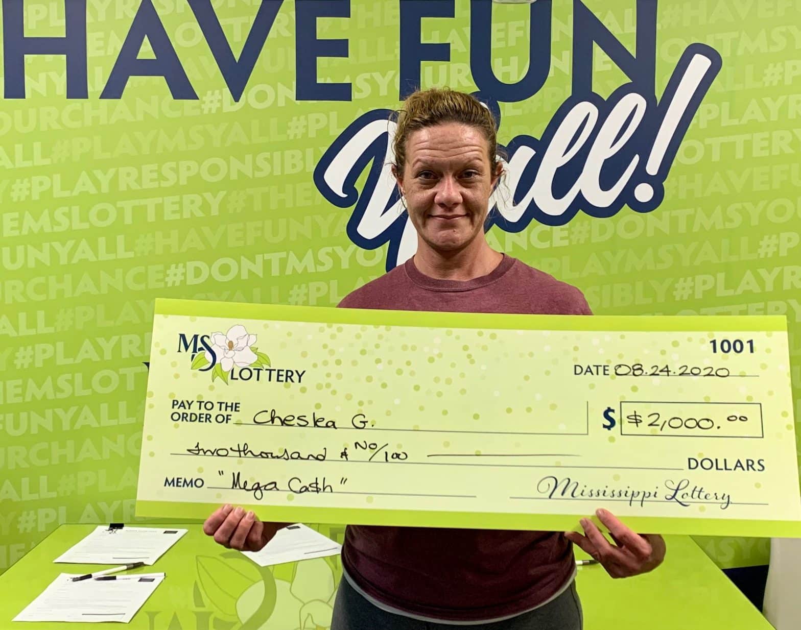 Cheslea G. of Mt. Olive won $2,000 on a Mega Ca$h scratch-off game purchased at Marathon on Hwy. 471, Brandon.