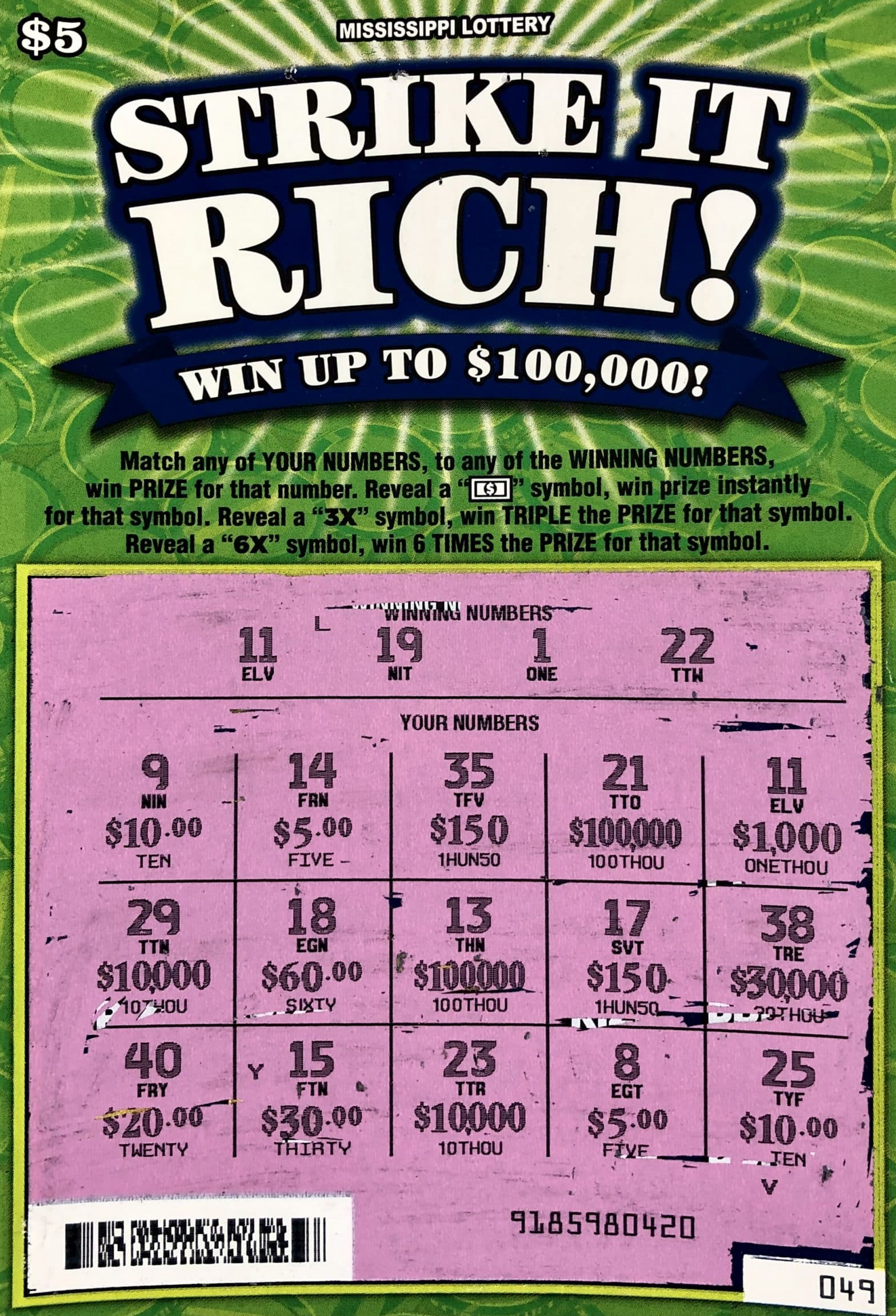 A Pickens woman won $1,000 on a Strike It Rich scratch-off game purchased at T.D. One Stop on Way Rd., Canton.