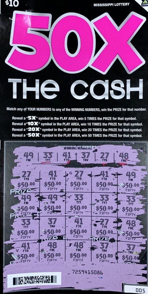 A Marion County player won $1,000 on a 50X THE CASH scratch-off game purchased from Cox’s Triangle Inc on HWY 98 W., Foxworth.