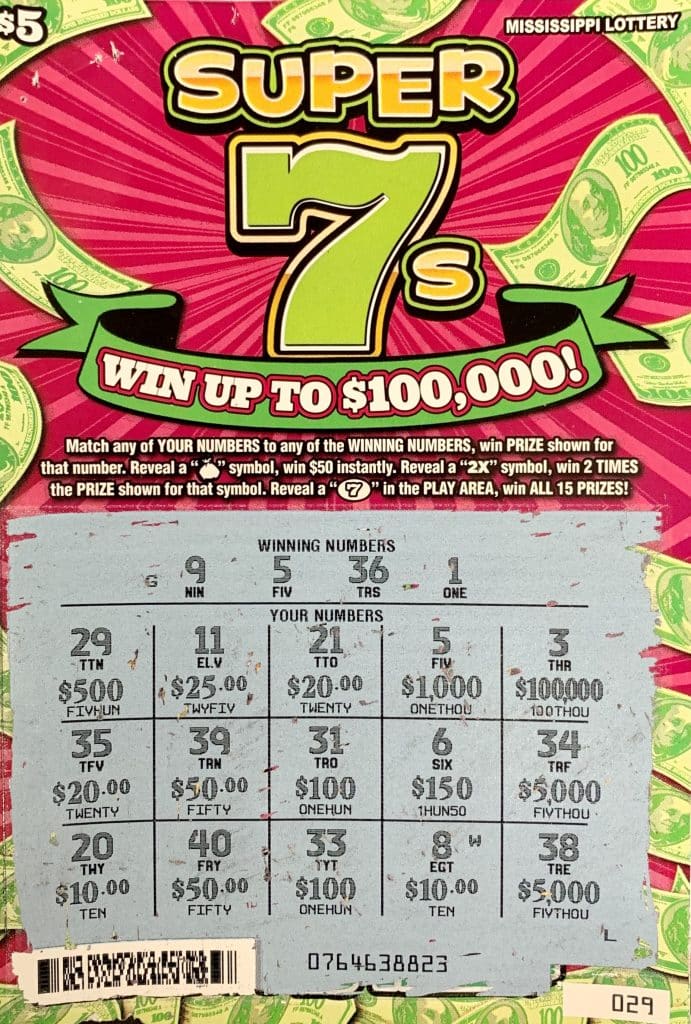 A Simpson County woman won $1,000 on a Super 7s scratch-off game purchased at Bridges Quickie on Hwy. 469 S., Florence.