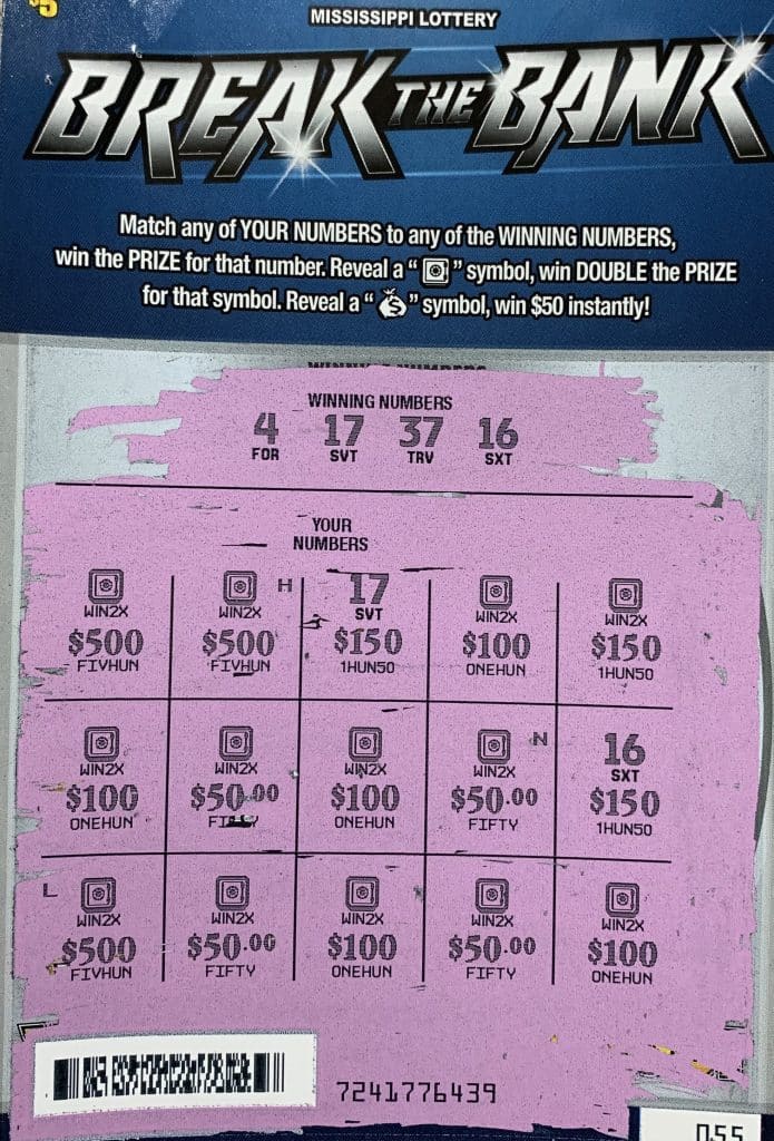 A Vicksburg woman won $5,000 on a Break the Bank scratch-off game purchased from Suds N Smokes on HWY 61 N., Vicksburg.