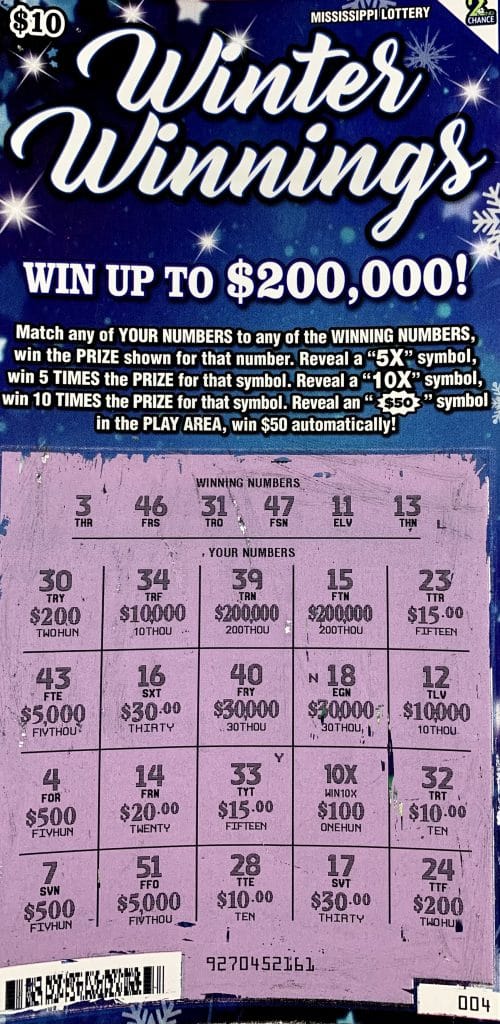 A Lee County man won $1,000 on a Winter Winnings scratch-off game purchased from Sprint Mart on W. Main St., Tupelo.