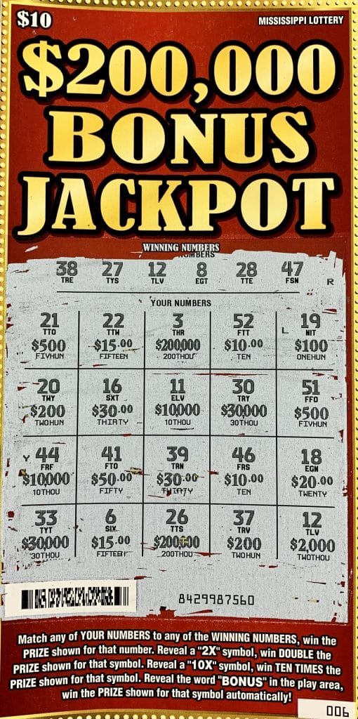 A Tupelo woman won $2,000 on a $200,000 Bonus Jackpot scratch-off game purchased from Marathon Fast Stop on N. Main St., Tupelo.
