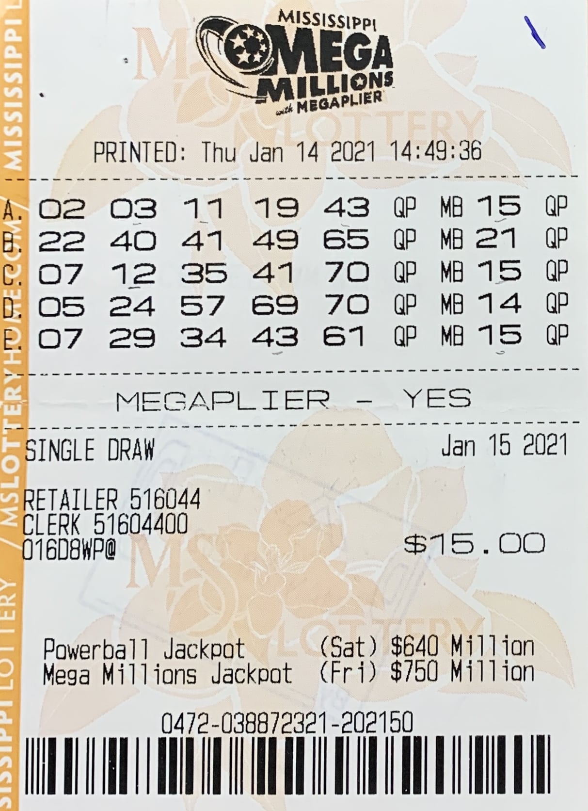 A Biloxi man won $832 on a Mega Millions ticket purchased from Murphy Oil on Eisenhower Dr., Biloxi.