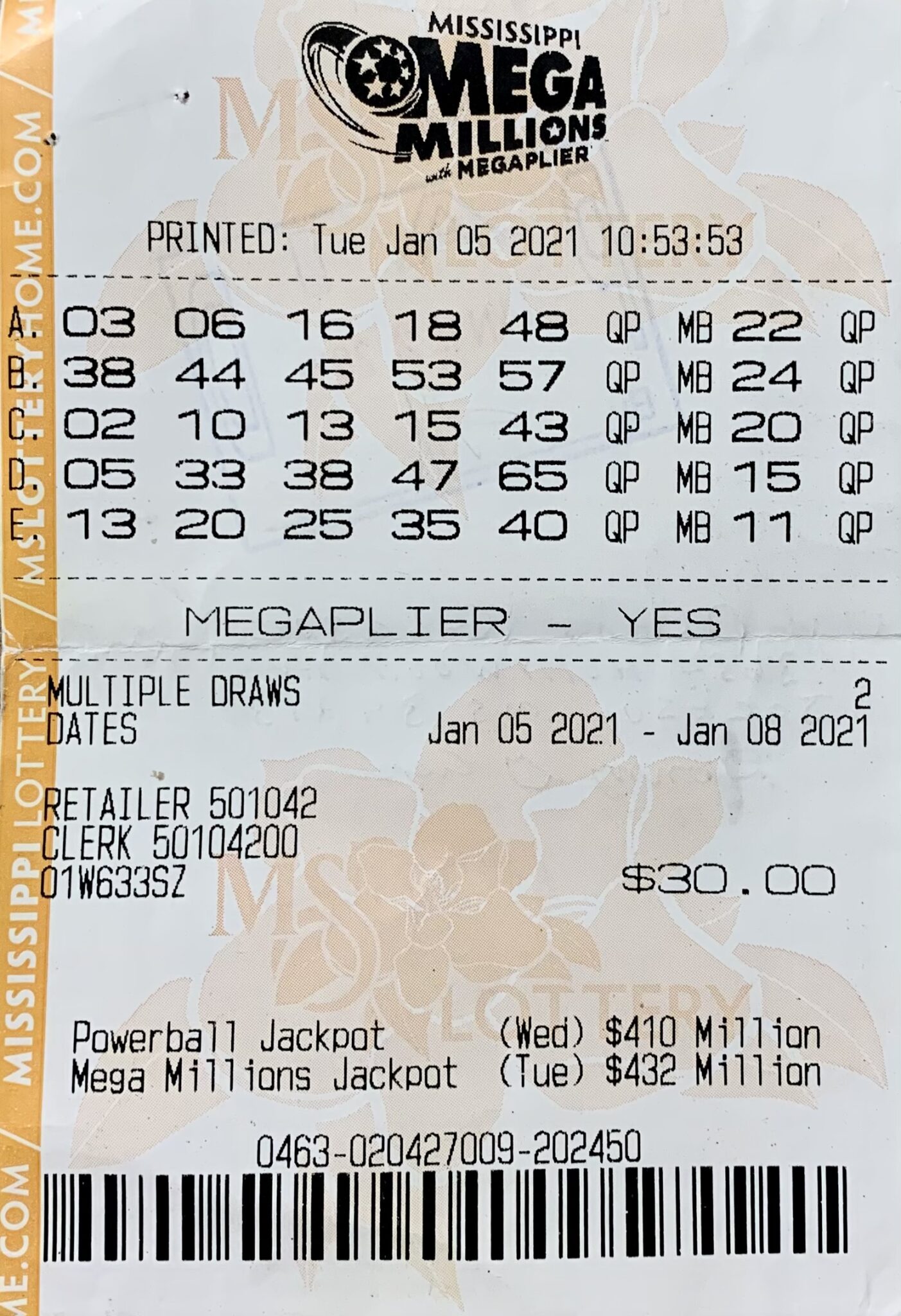 A Jackson man won $1,004 on a Mega Millions ticket purchased from Sprint Mart on Lakeland Dr., Jackson.