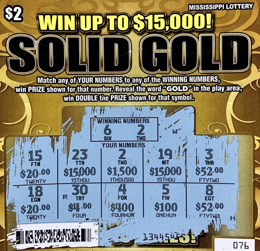 A Mobile, Ala., player won $1,500 on a Solid Gold scratch-off game purchased at The Oaks of Moss Point on Old Stage Rd., Moss Point.