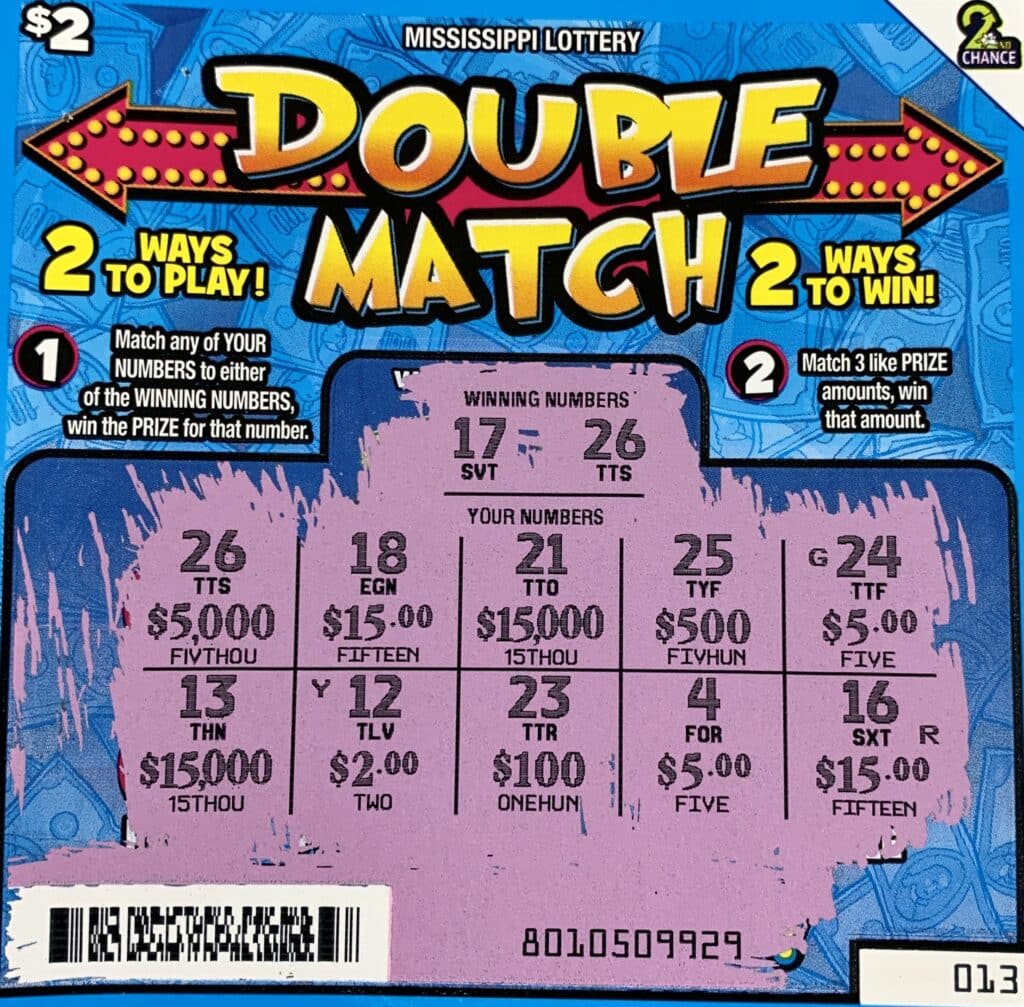 A Starkville man won $5,000 on a Double Match scratch-off game purchased from Chevron Quick Shop on Hwy. 12 W., Starkville.
