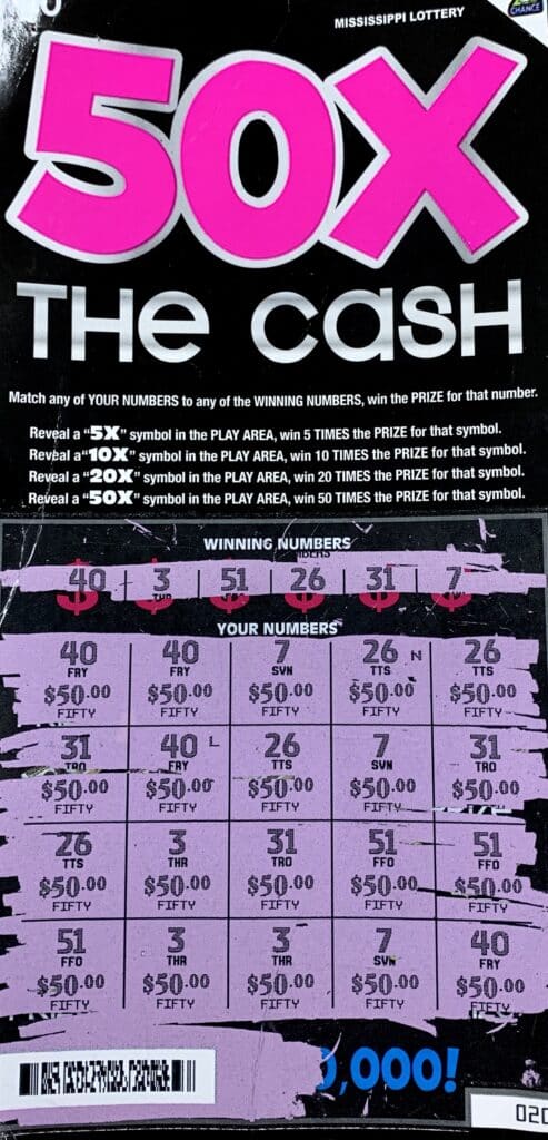 A Vicksburg woman won $1,000 on a 50x the Cash scratch-off game purchased from Alcorn Super Mart on Alcorn Dr., Vicksburg.