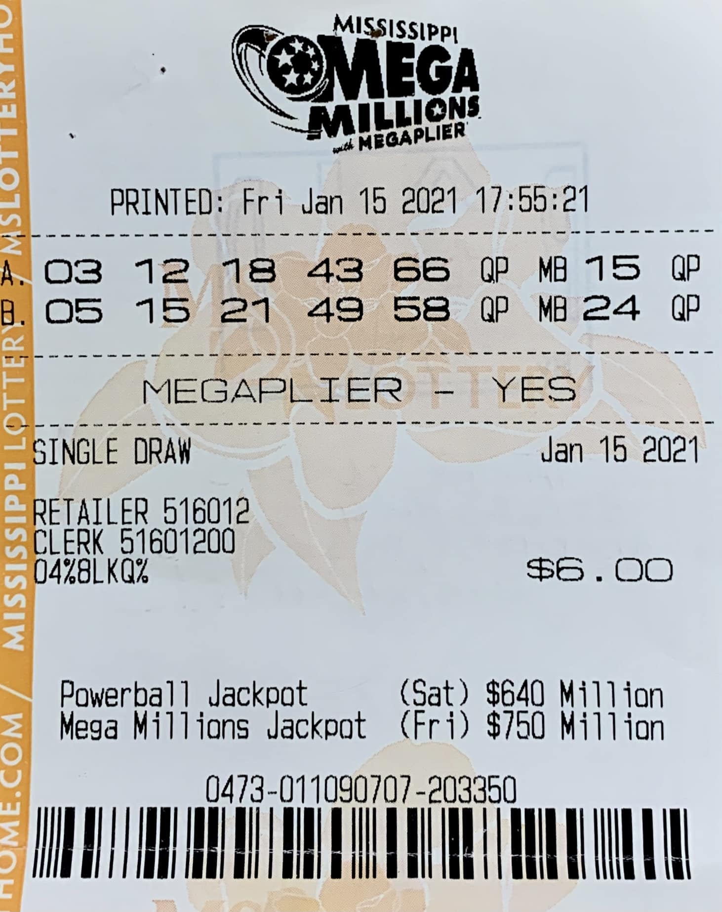 An Aberdeen woman won $800 on a Mega Millions ticket purchased from Murphy Oil on US Hwy. 278 E., Amory.