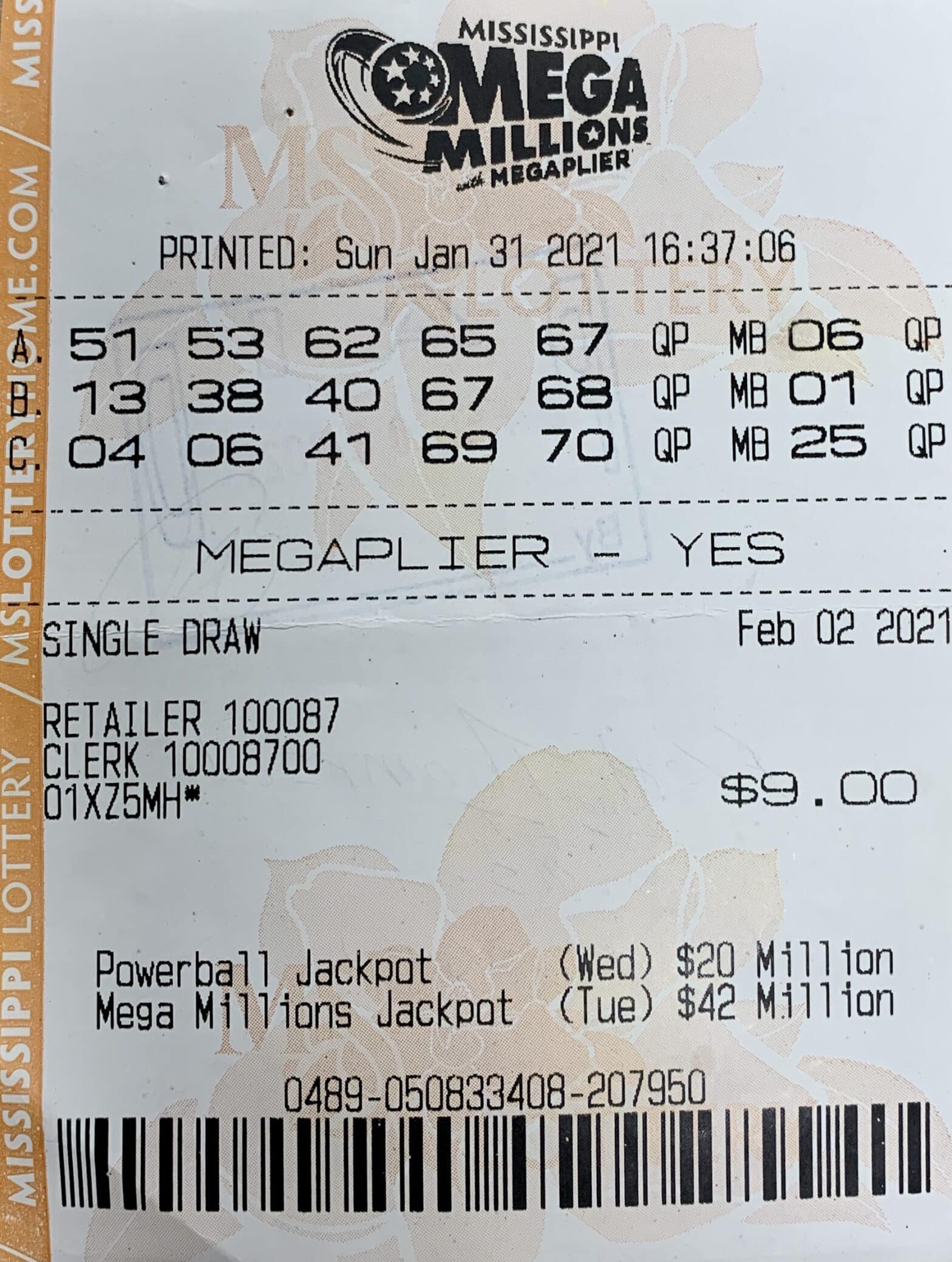 A Flora man won $1,000 on a Mega Millions ticket purchased from Midway Pit Stop LLC on Hwy. 18, Raymond.