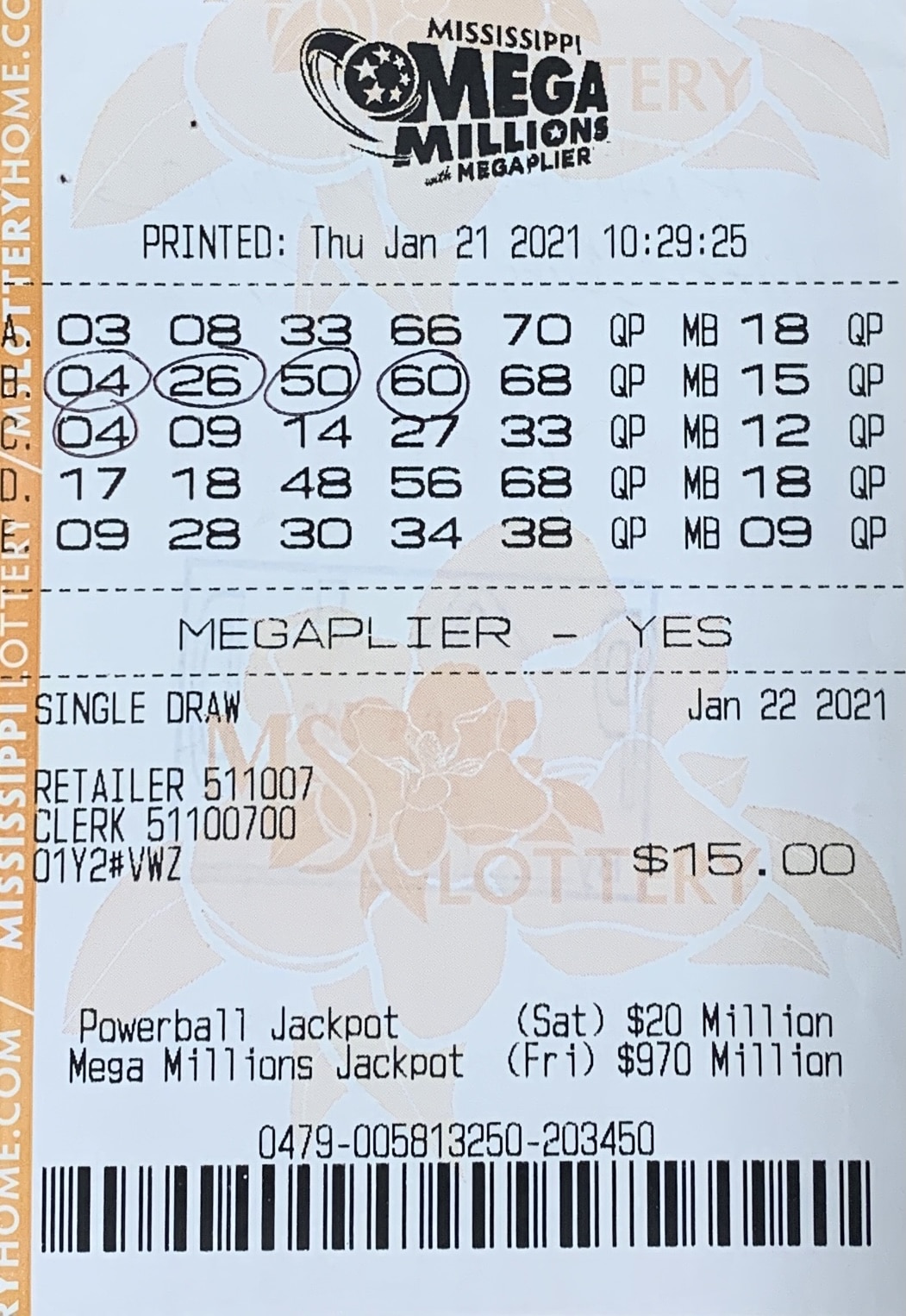 A Hattiesburg woman won $1,000 on a Mega Millions ticket purchased from Keith’s Superstore #137 on W. 4th St., Hattiesburg.