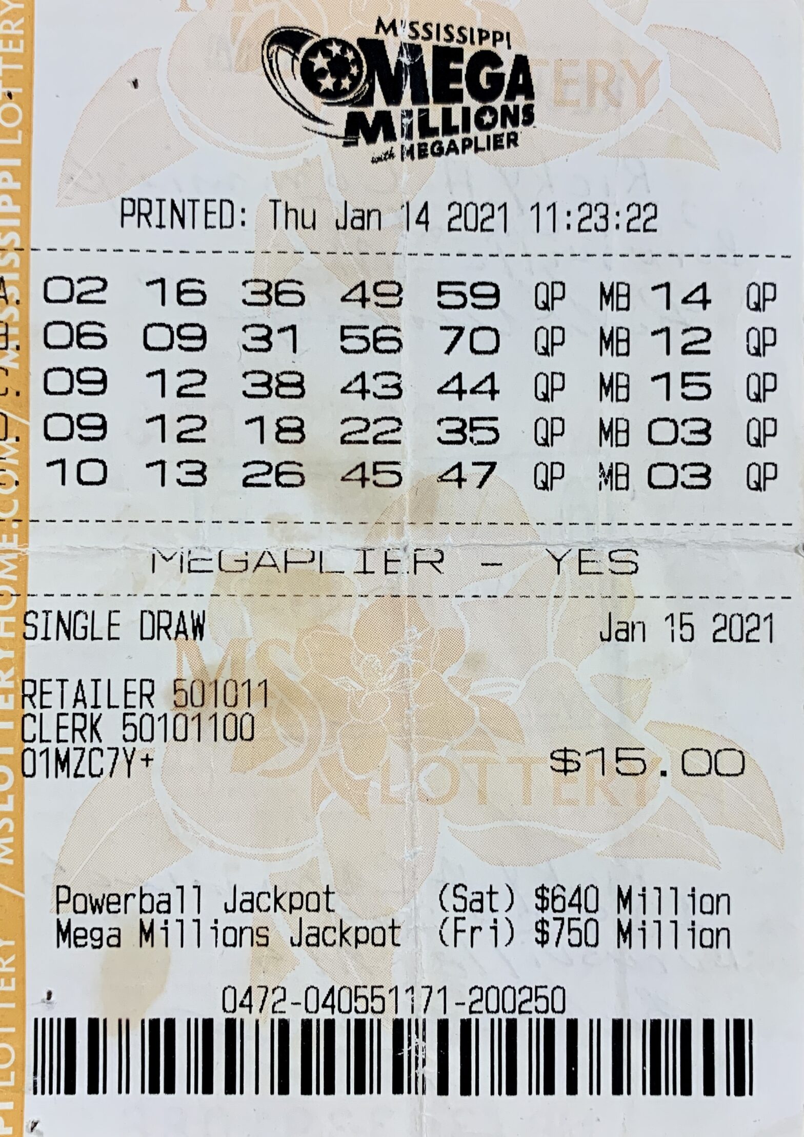 A Burnsville man won $800 on a Mega Millions ticket purchased from Sprint Mart #41 on W. Quitman St., Iuka.