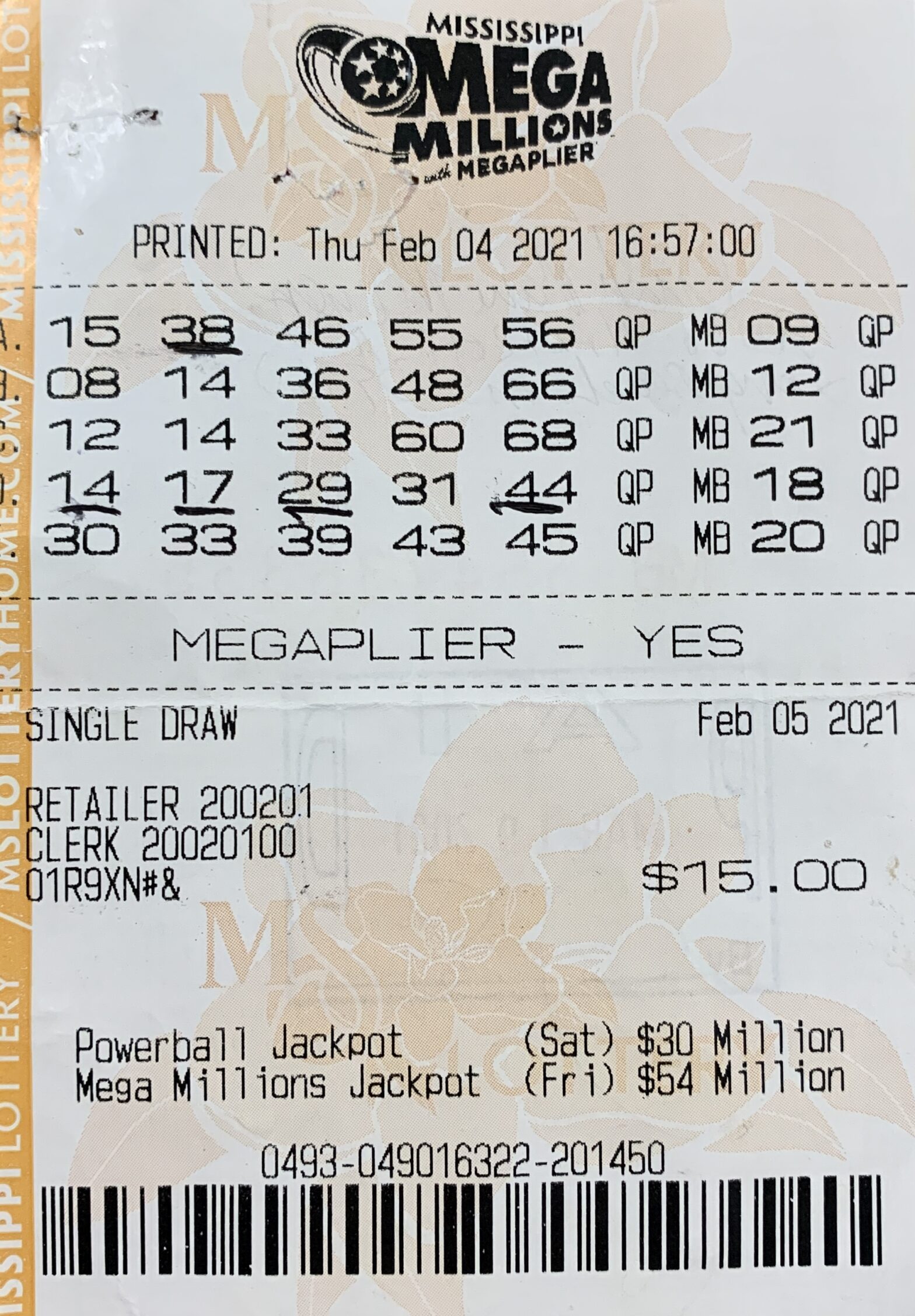 A Long Beach player won $2,000 on a Mega Millions ticket purchased from Rail Road Food Mart on W. Railroad St., Long Beach.