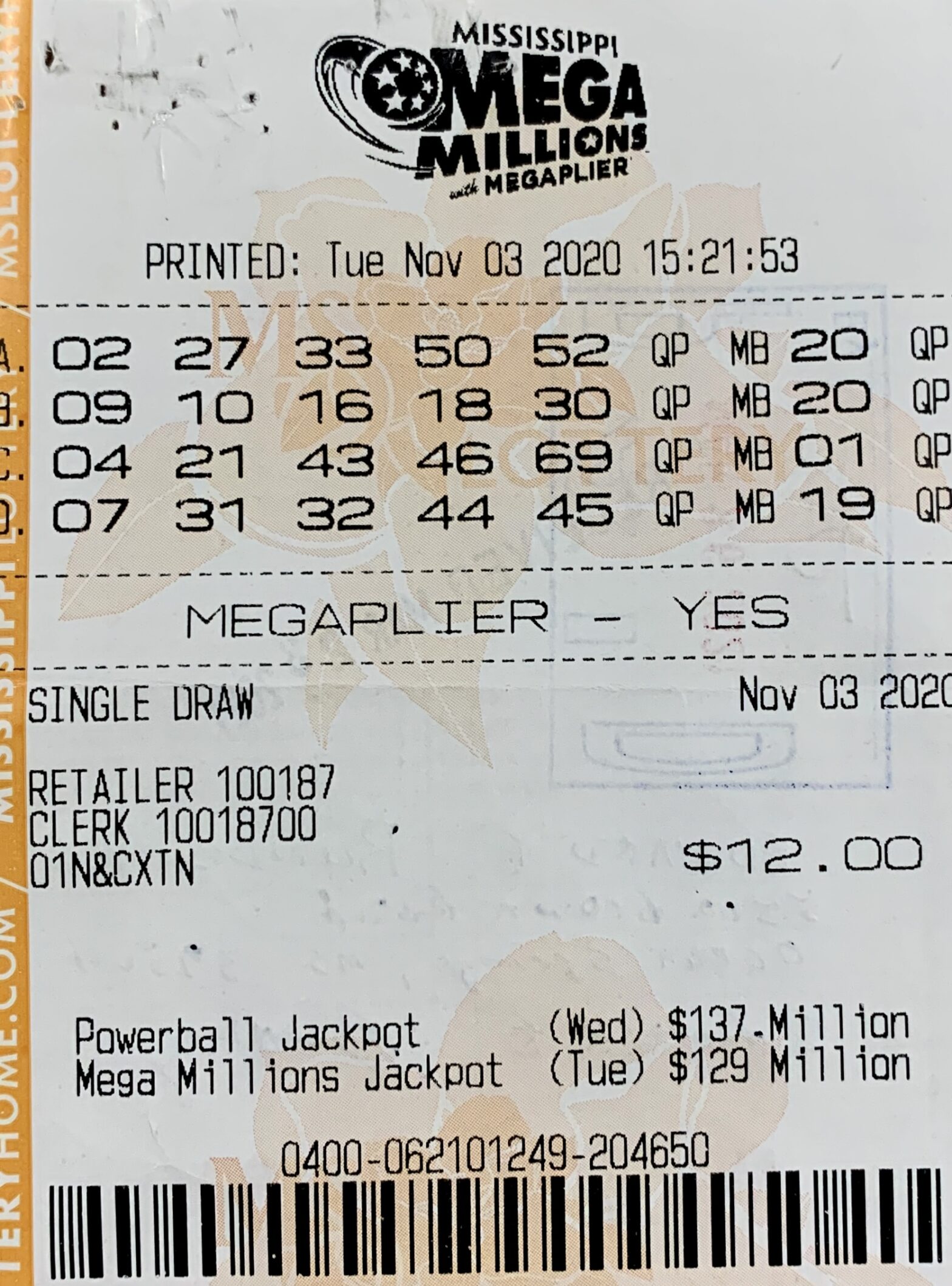An Ocean Springs man won $30,000 on a Mega Millions ticket purchased from Coastal Chevron on Ocean Springs Rd., Ocean Springs.