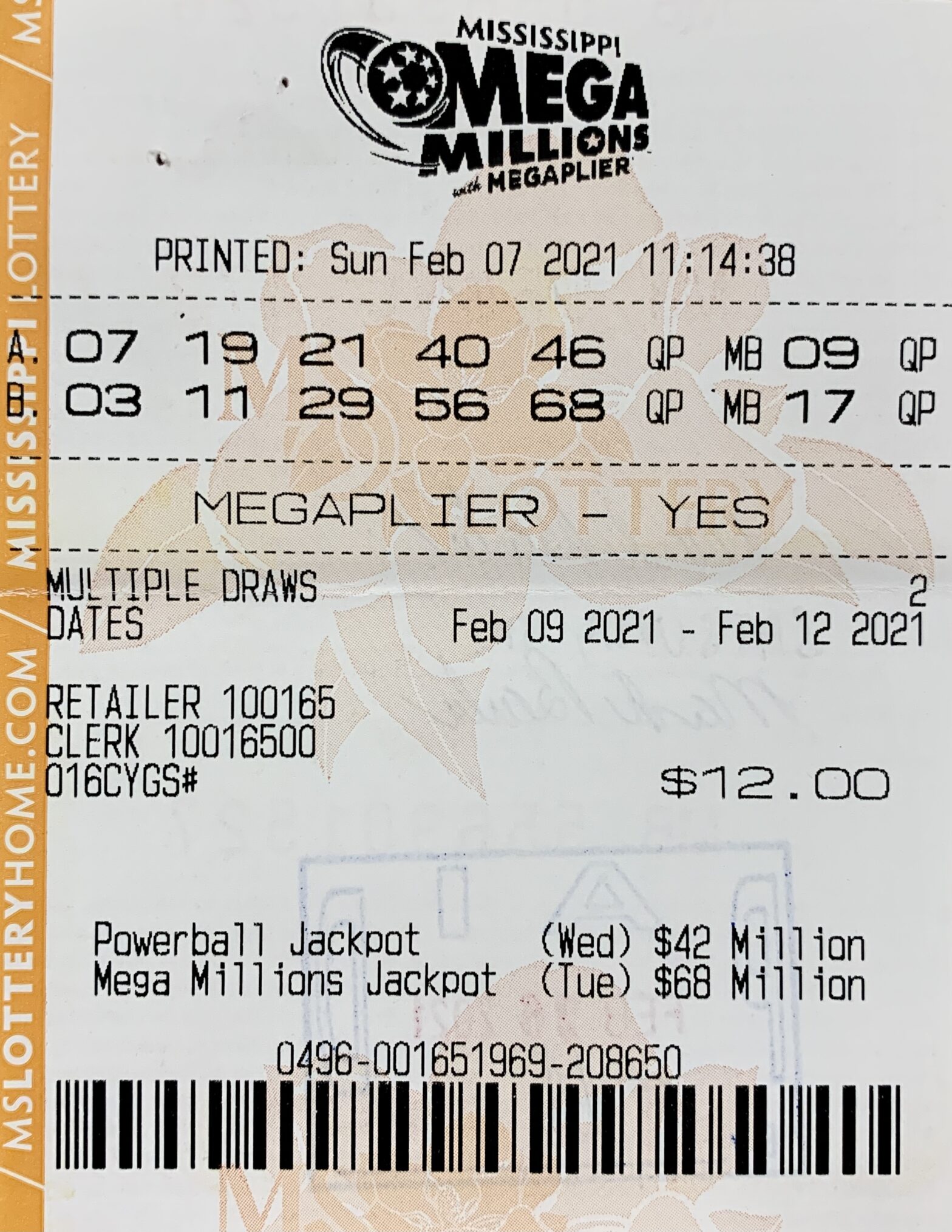 A Satsuma, Ala., man won $800 on a Mega Millions ticket purchased from Scarlet Pearl Casino Resort on Central Ave., D'Iberville.