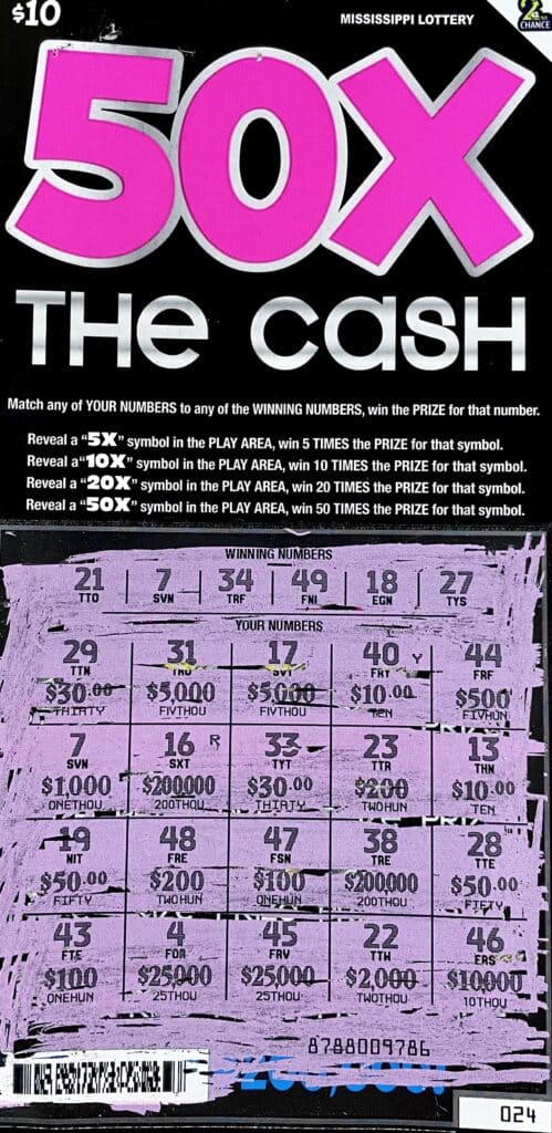 A Brookhaven man won $1,000 on a 50x the Cash scratch-off game purchased at A One Stop on Hwy 51 N.E., Brookhaven.