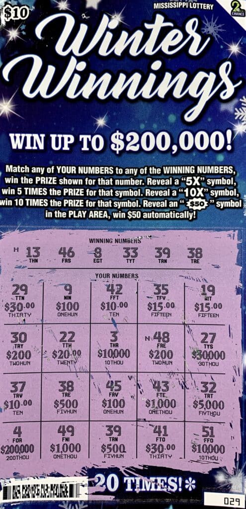 A Crystal Springs man won $1,000 on a Winter Winnings scratch-off game purchased from Fair Market-Carthage on Hwy. 35 S., Carthage.