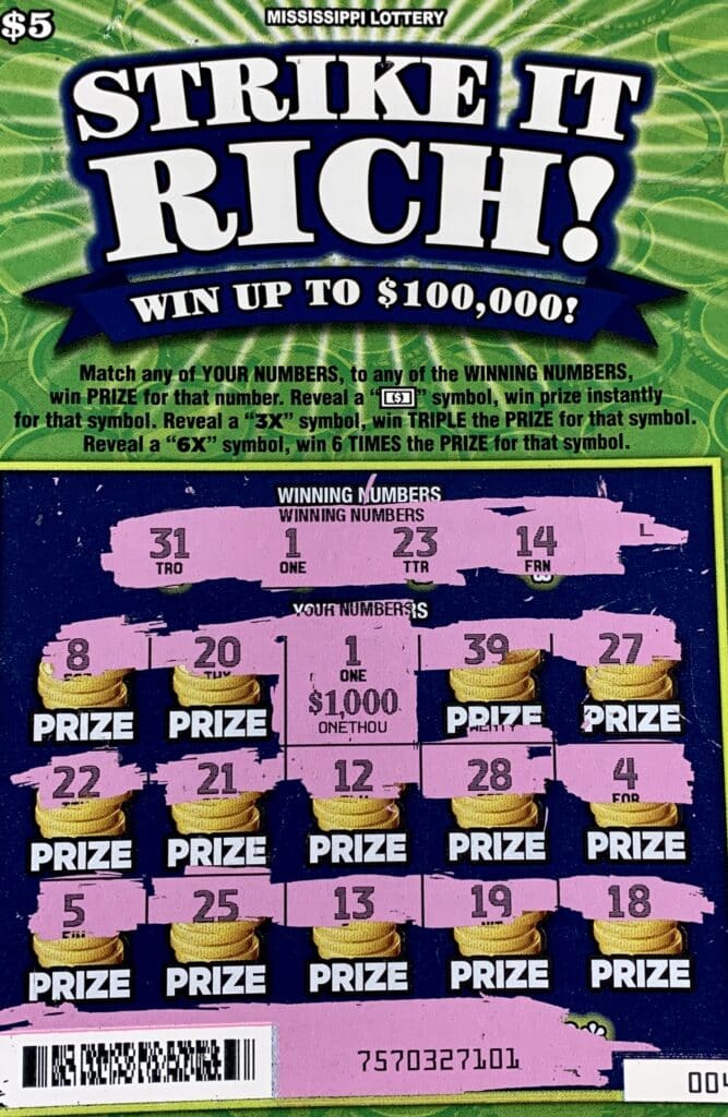 A Tuscaloosa, Ala., man won $1,000 on a Strike it Rich scratch-off game purchased from Sprint Mart #4110 on Hwy. 45 N., Columbus.