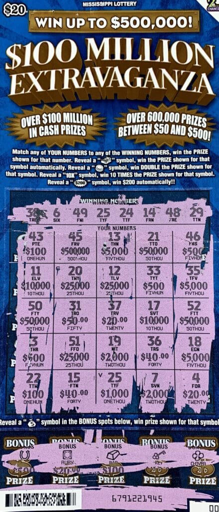 A Tylertown man won $1,000 on a $100 Million Extravaganza scratch-off game purchased from Leatherwood Food LLC on Hwy. 98 E., Tylertown.