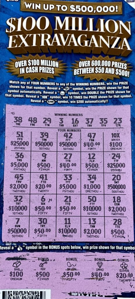 A Grenada County man won $1,000 on a $100 Million Extravaganza scratch-off game purchased from Scott Petroleum Store #33 on Hwy. 8 E., Grenada.