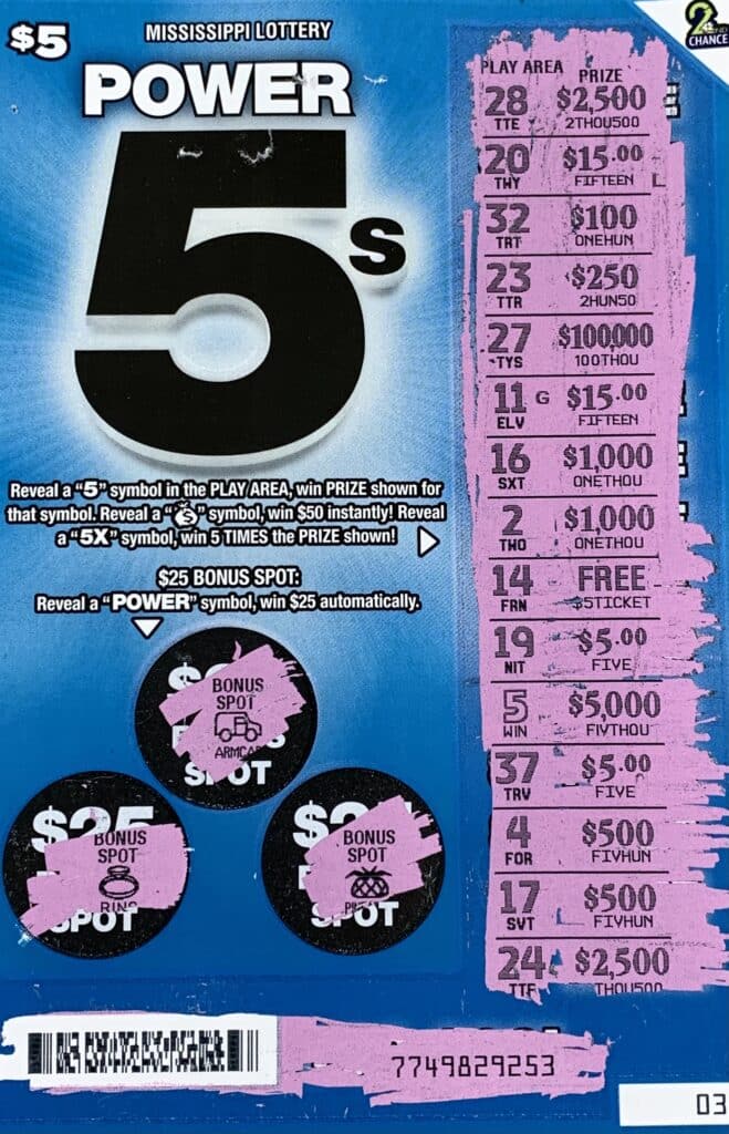 A Crystal Springs woman won $5,000 on a Power 5s scratch-off game purchased from JP Quick Stop LLC on Hwy. 27, Crystal Springs.