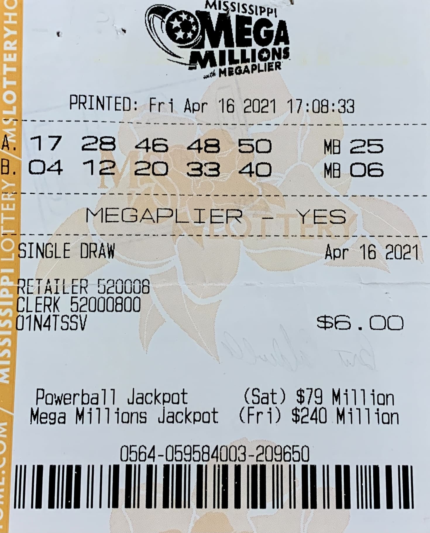 A Nettleton man won $800 on a Mega Millions ticket purchased from T-Mart #10 on McCullough Blvd., Tupelo.