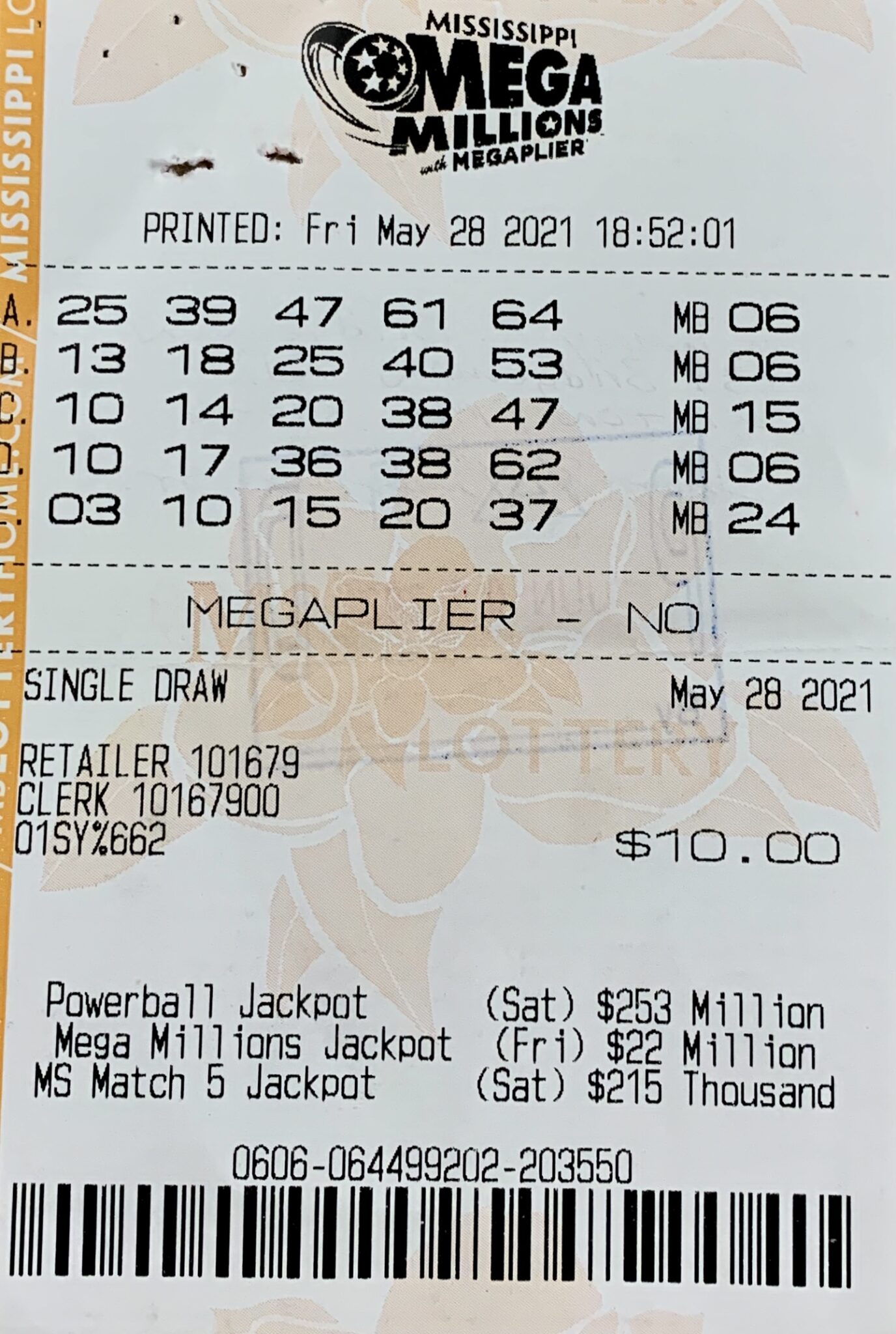 A Canton man won $10,000 on a Mega Millions ticket purchased from HK#1 on Hwy. 51 N. Ridgeland.