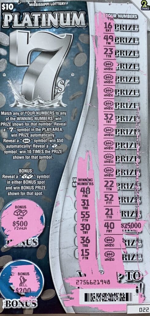 A Flora man won $1,000 on a Platinum 7s scratch-off game purchased from Noorjasmen LLC on Livingston Vernon Rd., Flora.