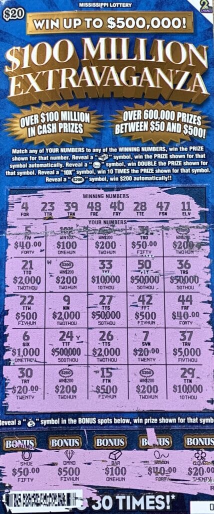 A Jackson man won $2,000 on a $100 Million Extravaganza scratch-off game purchased from Westhaven Shopette on Westhaven Blvd., Jackson.