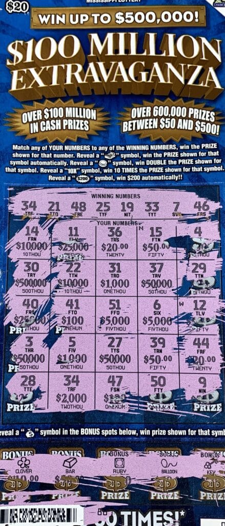 A Carriere man won $2,000 on a $100 Million Extravaganza scratch-off game purchased from Mickeys Quick Stop 2 on Hwy. 11, Picayune.