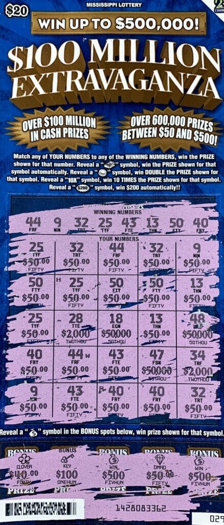 A Pearl woman won $2,000 on a $100 Million Extravaganza scratch-off game purchased from One Stop Food Mart on Second St., Pelahatchie.