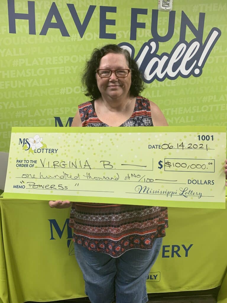 Virginia B. of Pascagoula won $100,000 on a Power 5s scratch-off game purchased from Jerry Lee’s #1 on Ingalls Ave., Pascagoula.
