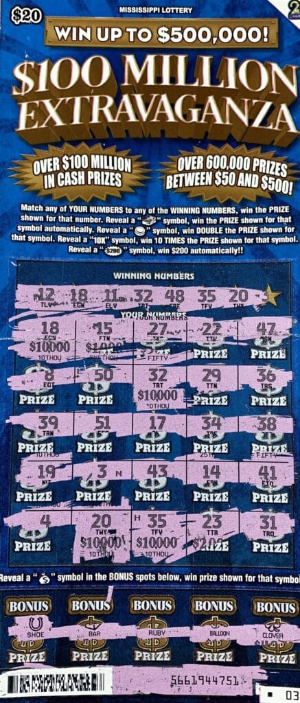 A Columbus woman won $50,000 on a $100 Million Extravaganza scratch-off game purchased from B Mart on Hwy. 50 E., Columbus.