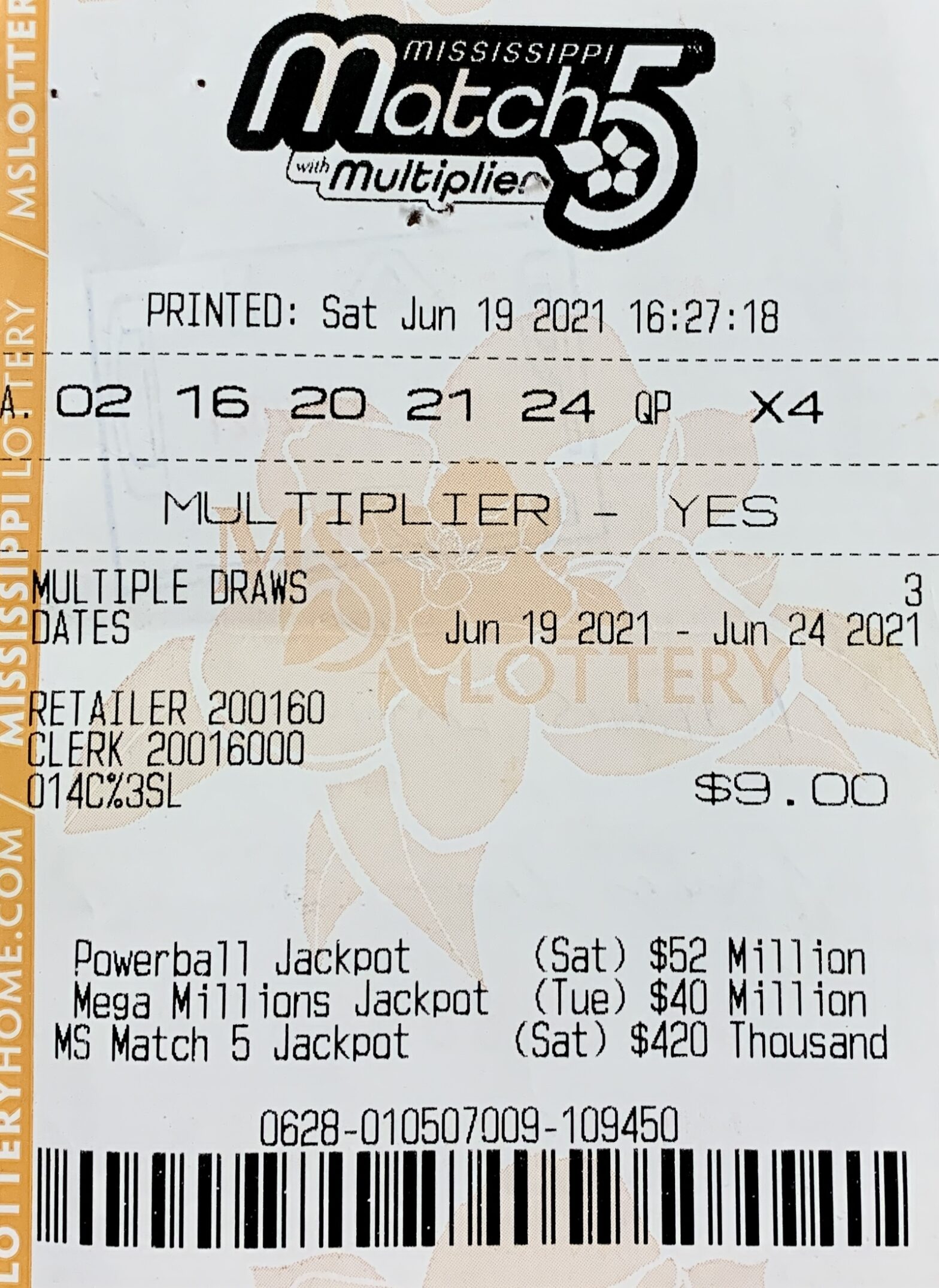 A Jefferson Davis County man won $800 on a Mississippi Match 5 ticket purchased from Ramey’s on Rocky Branch Rd., Sumrall.
