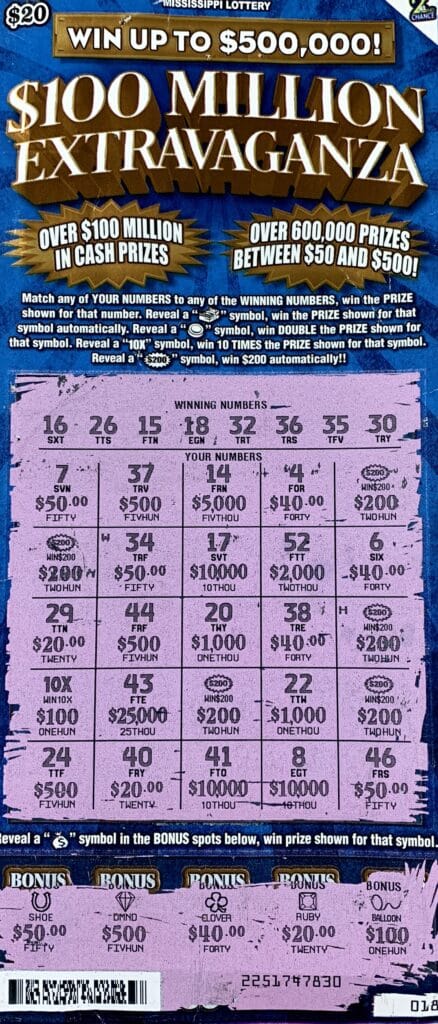 A Saucier man won $2,000 on a $100 Million Extravaganza scratch-off game purchased from Mary’s Wonder Store on Pine-Tree Rd., Saucier.