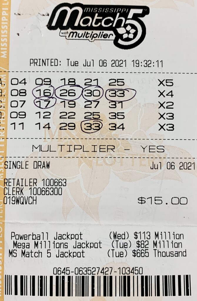 A Lawrence County woman won $800 on a Mississippi Match 5 ticket purchased from Darbun General Store on Hwy. 586, Foxworth.