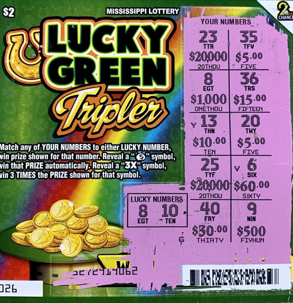 A Lafayette, La., man won $1,000 on a Lucky Green Tripler scratch-off game purchased from Herbert’s Legends LLC on Hwy. 57, Ocean Springs.