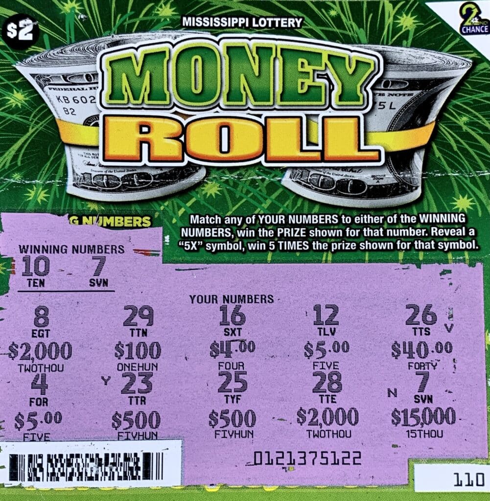 A Lisman, Ala., man won $15,000 on a Money Roll scratch-off game purchased from Whynot Express LLC on Hwy. 195, Meridian.