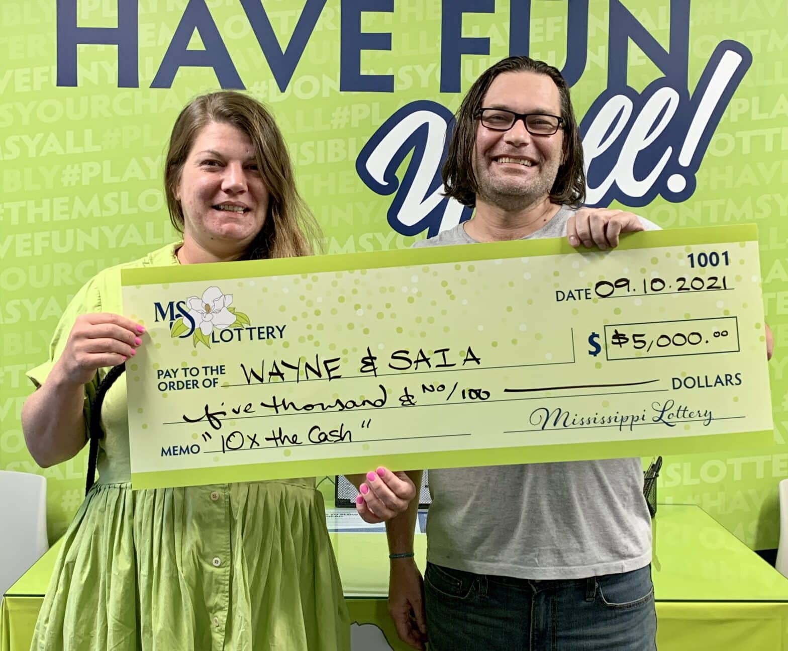 Wayne and Saia of Tylertown won $5,000 on a 10x the Cash scratch-off game purchased from HWY 98 Marathon on Hwy. 98 E., McComb.