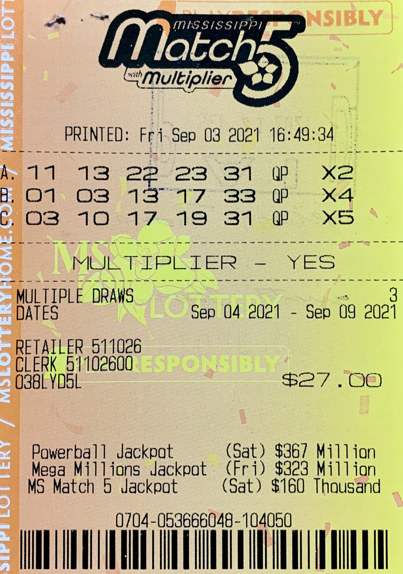 A Hattiesburg man won $800 on a Mississippi Match 5 ticket purchased from Keith’s Superstore #151 LLC on Hwy. 49, Hattiesburg.