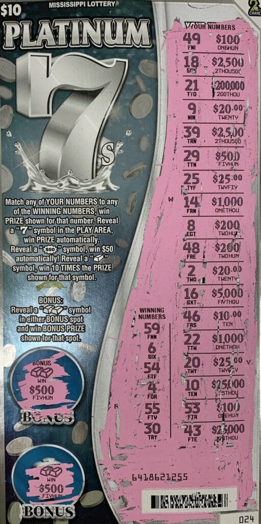 An Olive Branch man won $1,000 on a Platinum 7s scratch-off game purchased from Mough Inn LLC on Hwy. 305, Olive Branch.