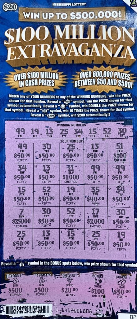 An Amory man won $2,000 on a $100 Million Extravaganza scratch-off game purchased from Pig Discount Tobacco Store LLC on N. Main St., Amory.