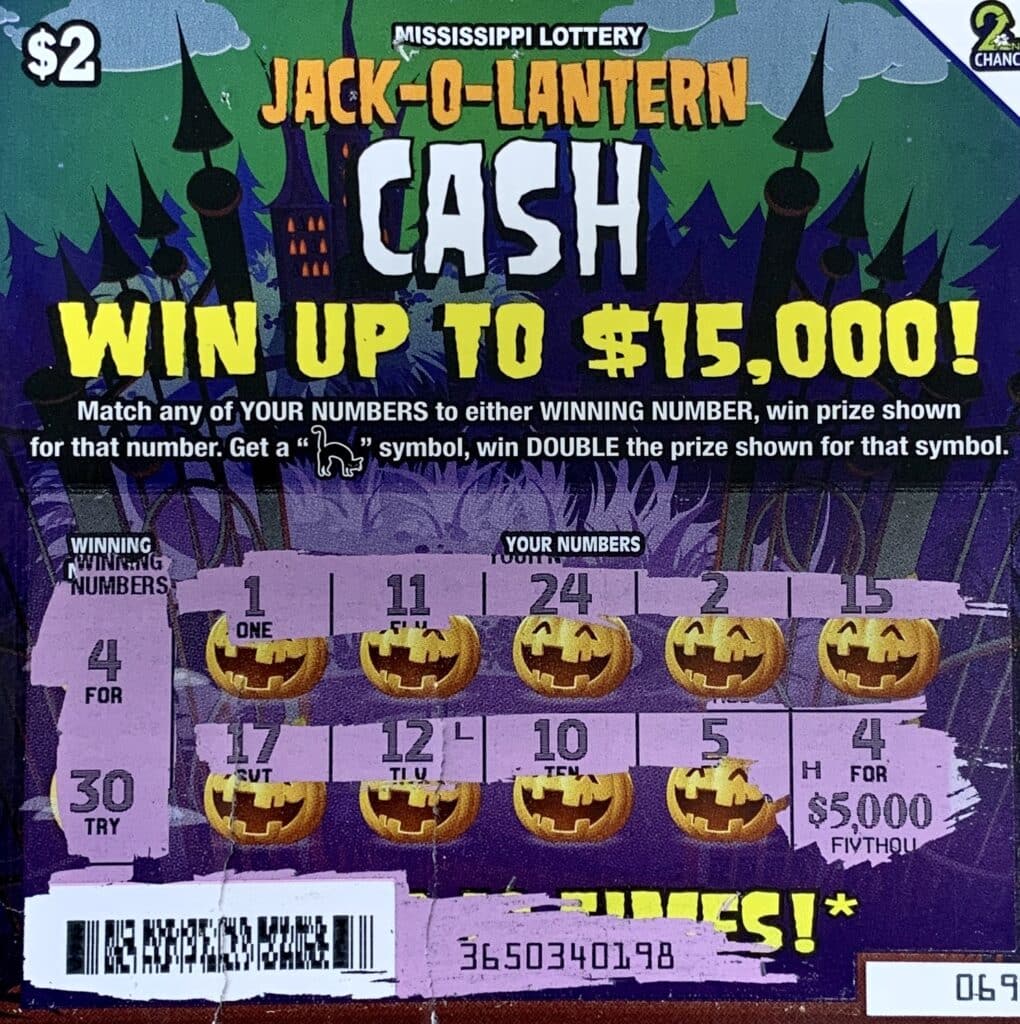 An Atlanta, Ga., woman won $5,000 on a Jack-O-Lantern Cash scratch-off game purchased from Herbert’s Legends LLC on Hwy. 57, Ocean Springs.