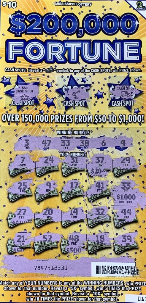 A Baldwyn woman won $1,000 on a $200,000 Fortune scratch-off game purchased from Southern Variety No. 4 on N. Fourth St., Baldwyn.