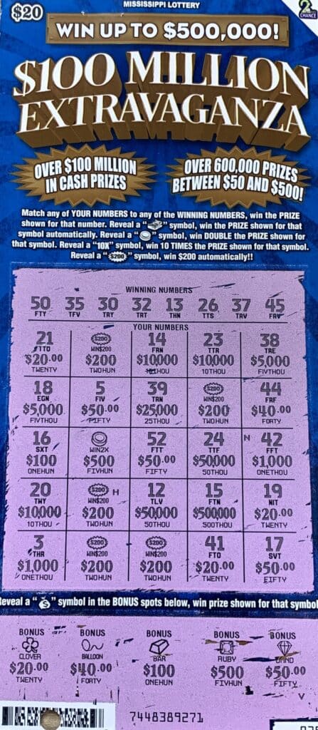 A Richland man won $2,000 on a $100 Million Extravaganza scratch-off game purchased from Fill Up 9 LLC on Hwy. 49 S., Richland.