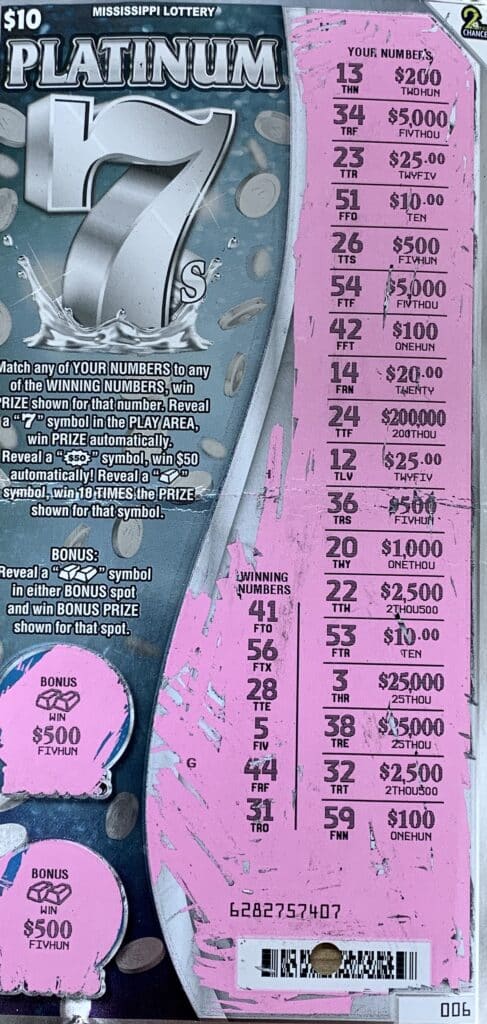 A Madison man won $1,000 on a Platinum 7s scratch-off game purchased from Fast Mart 1 on Hwy. 49, Collins.
