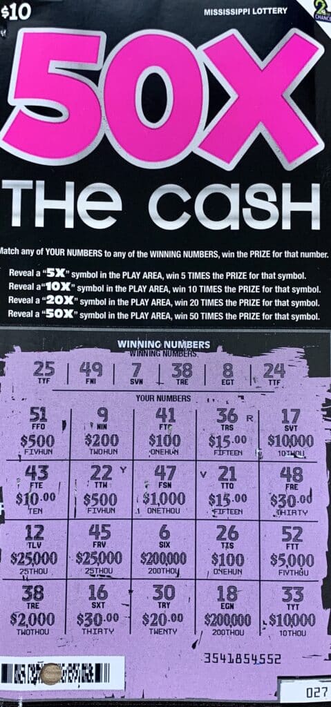 A Gautier player won $2,000 on a 50x the Cash scratch-off game purchased at Murphy Oil #8532 on Hwy. 90, Gautier.